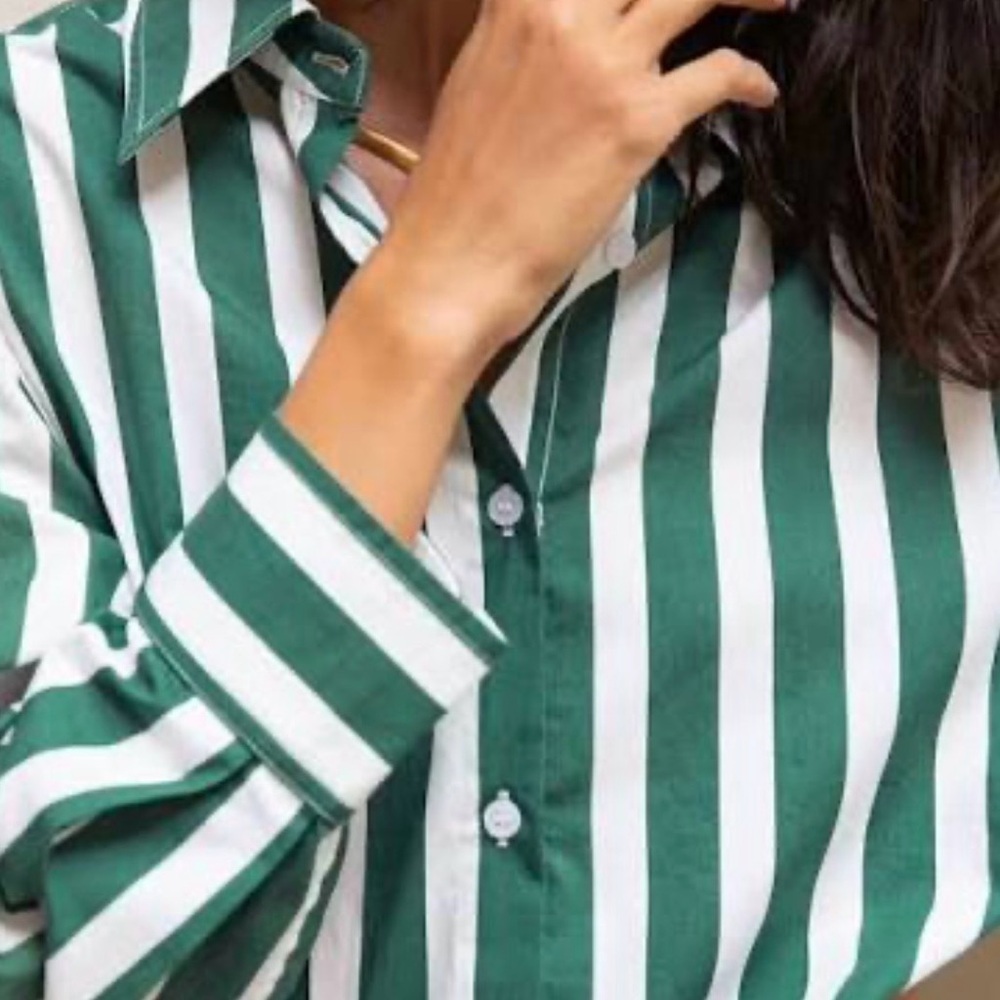 Pixie Market Green and White Striped Oversized Shirt